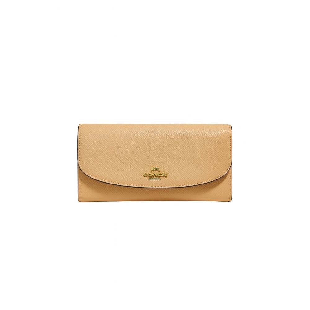 COACH Logo Long Bifold Wallet Purse Leather Cream Gold-Plated